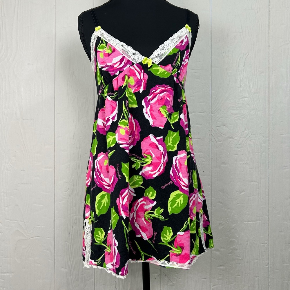 Betsyville Y2K Floral Mini Dress Sz-M Black Lace Trim Bows Coquette Romantic